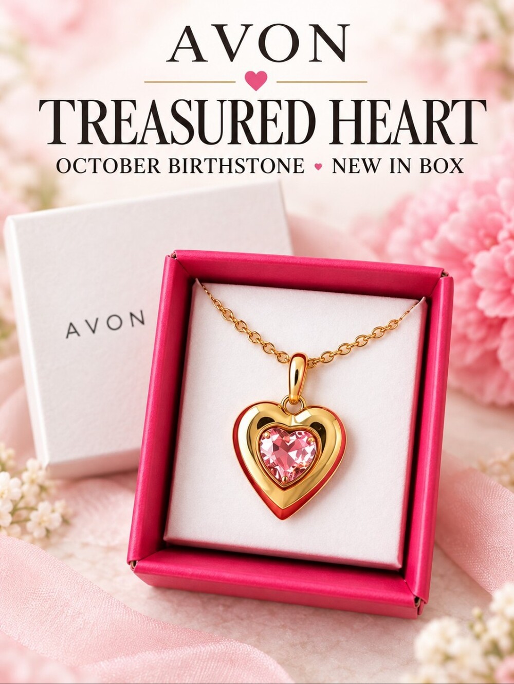 Avon Treasured Heart October Pink Birthstone Necklace NIB Gold Tone